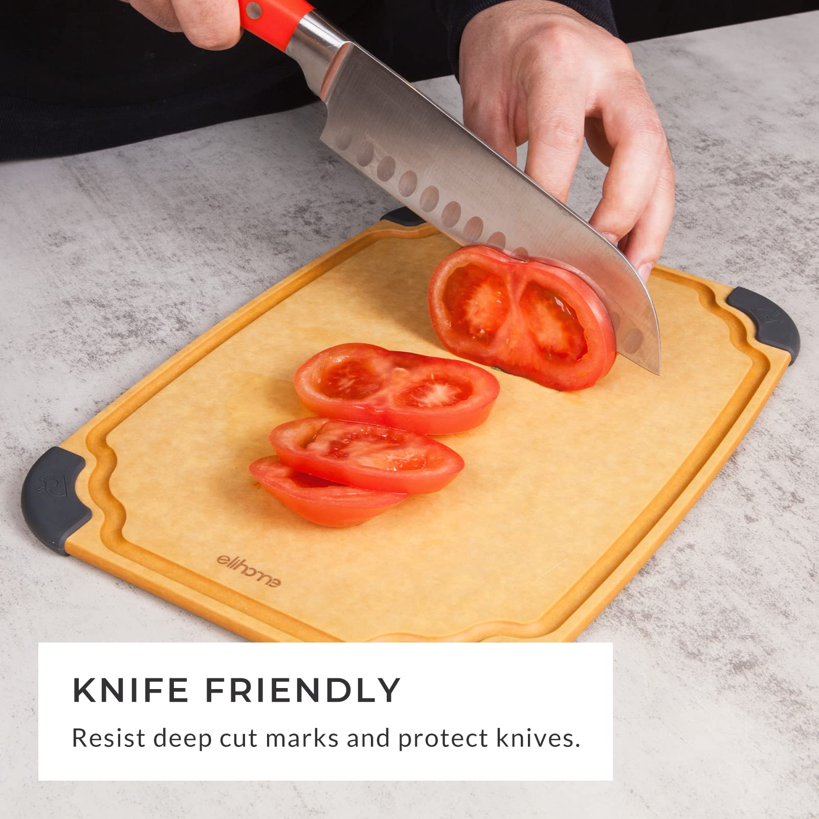 Knife-friendly surface resists stains and protects blades during slicing.