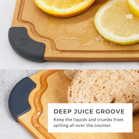 Elihome cutting board with non-slip feet keeps stable during chopping.