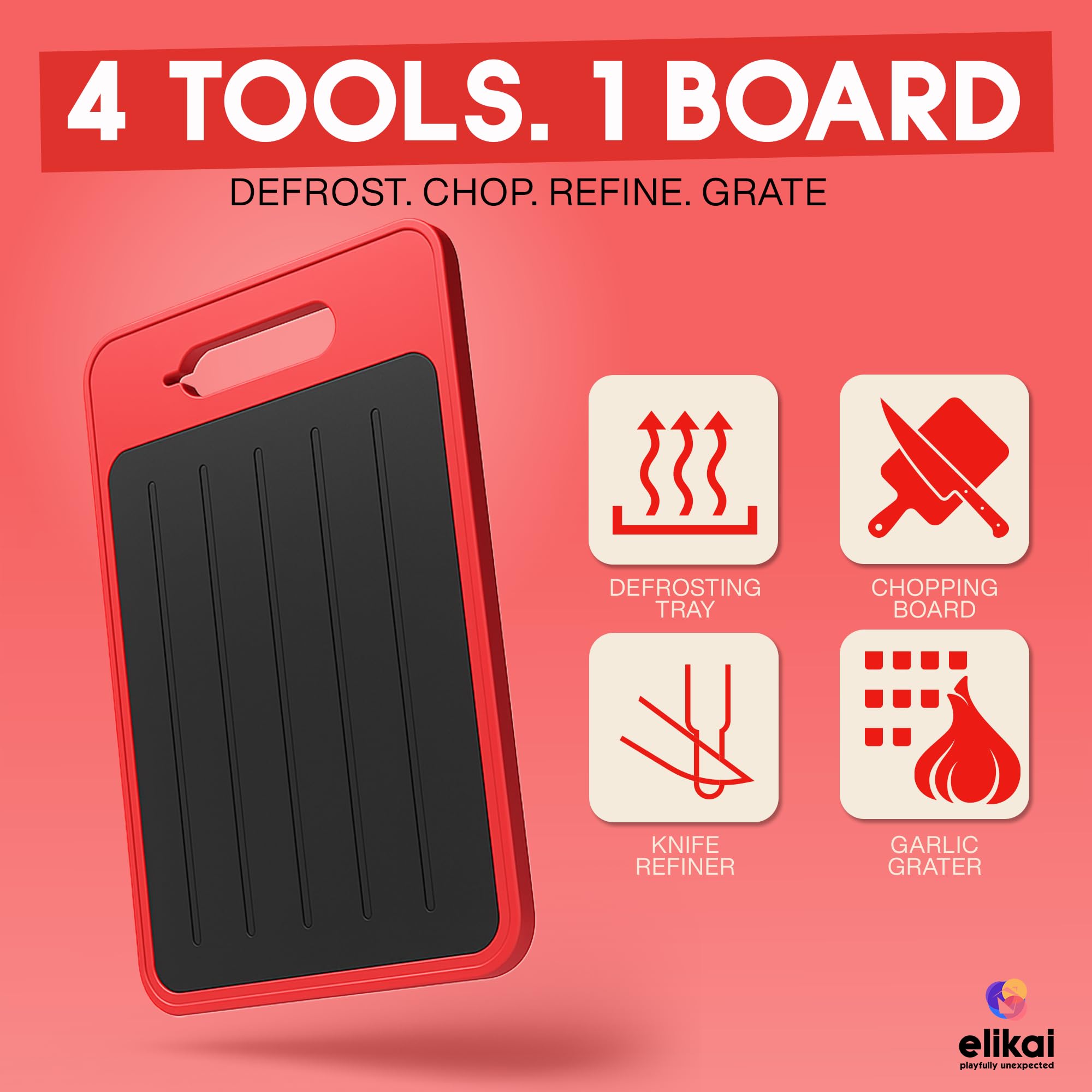 ELIKAI defrosting tray cutting board provides a compact prep surface.