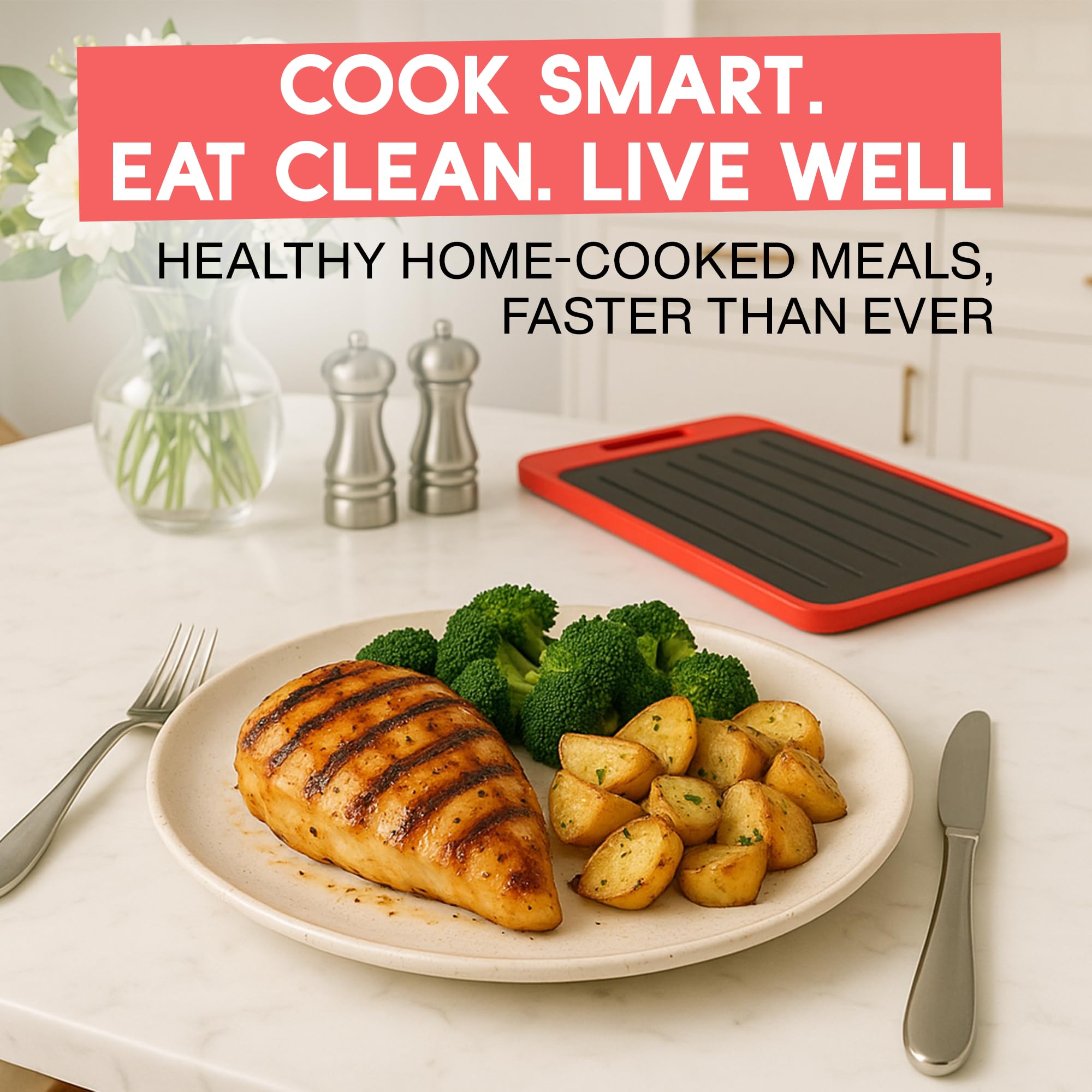 ELIKAI defrosting tray enhances a busy kitchen by combining tools in one station.
