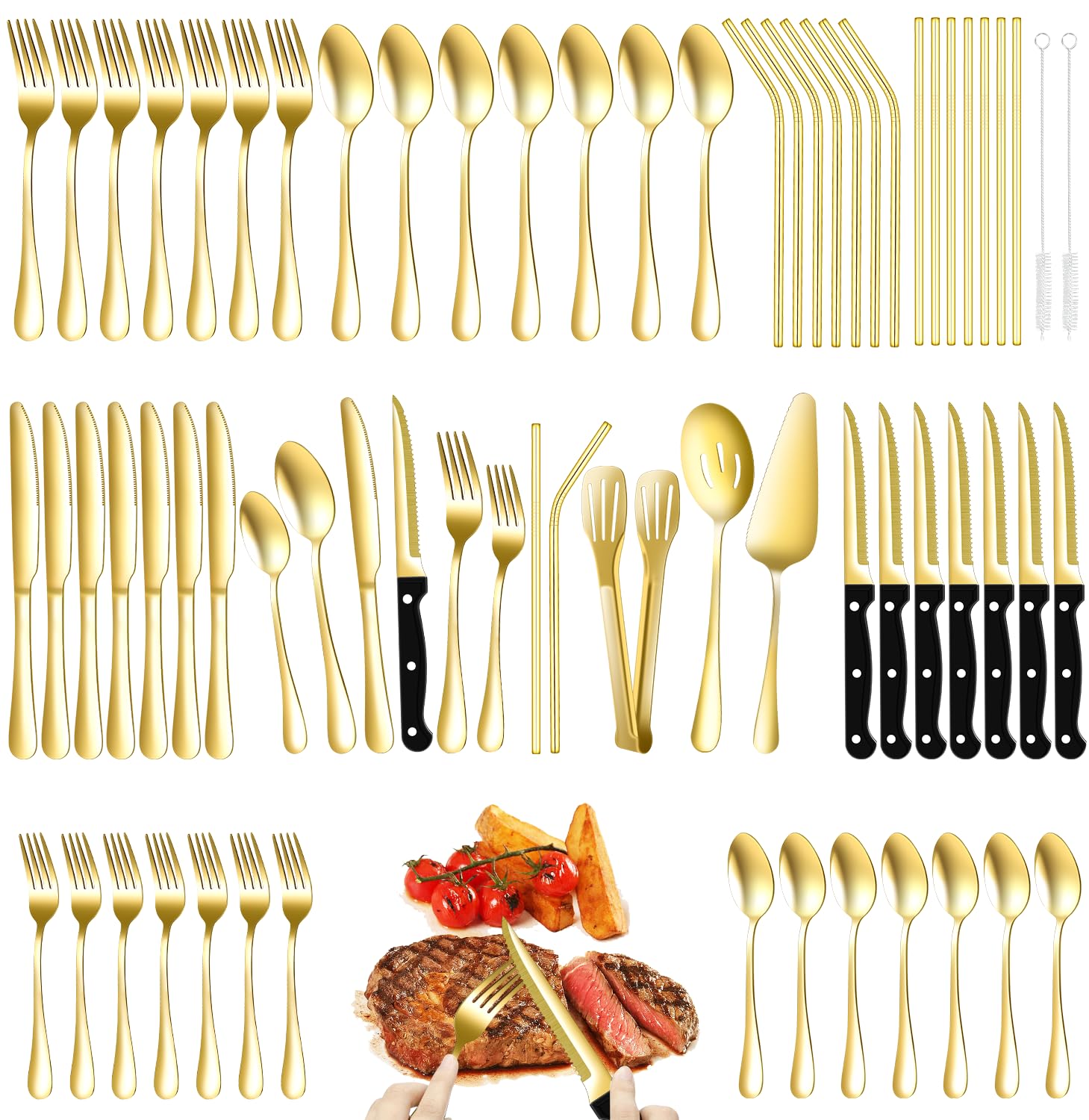 ELIMTEC 69-piece gold flatware set for eight, elegant entertaining.