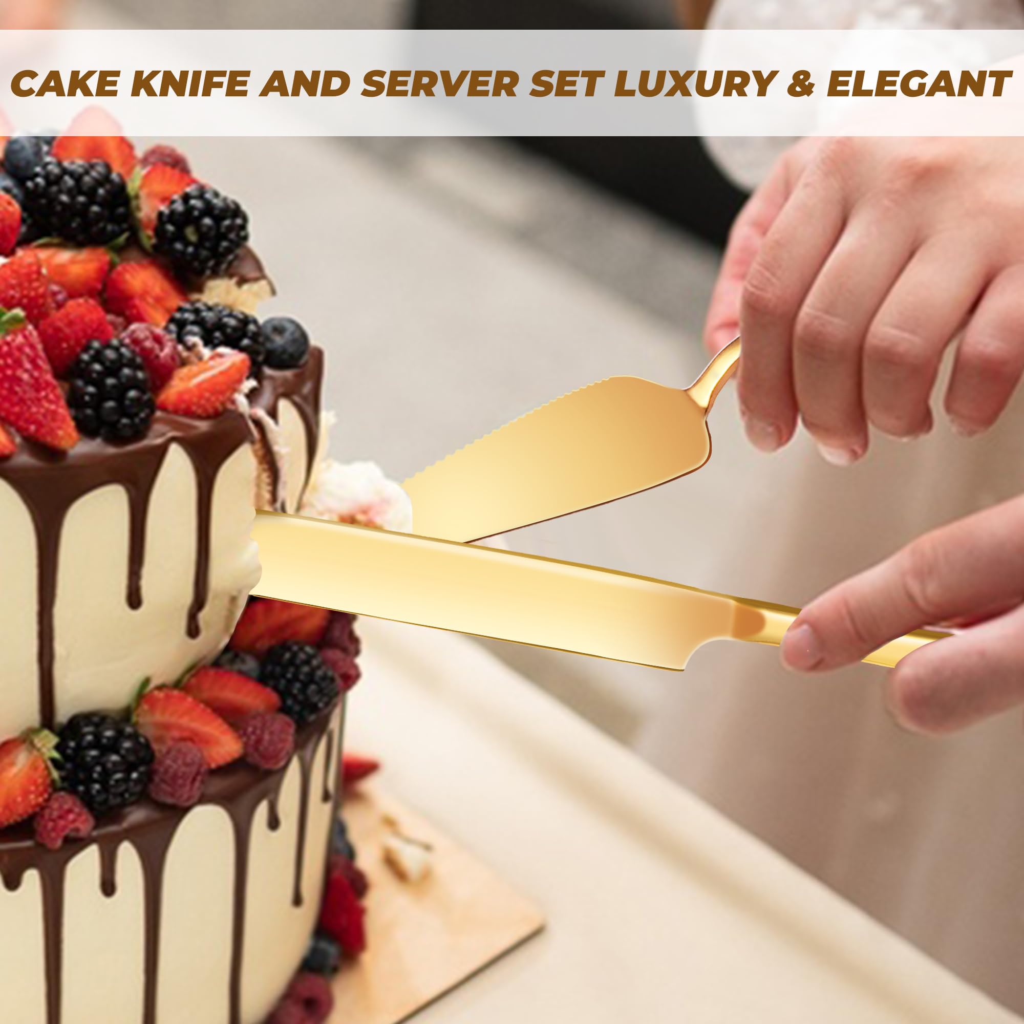 ELIMTEC gold cake knife and server set complements celebrations