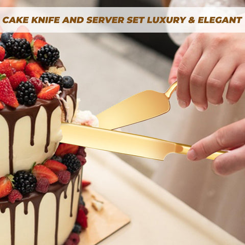 ELIMTEC gold cake knife and server set complements celebrations
