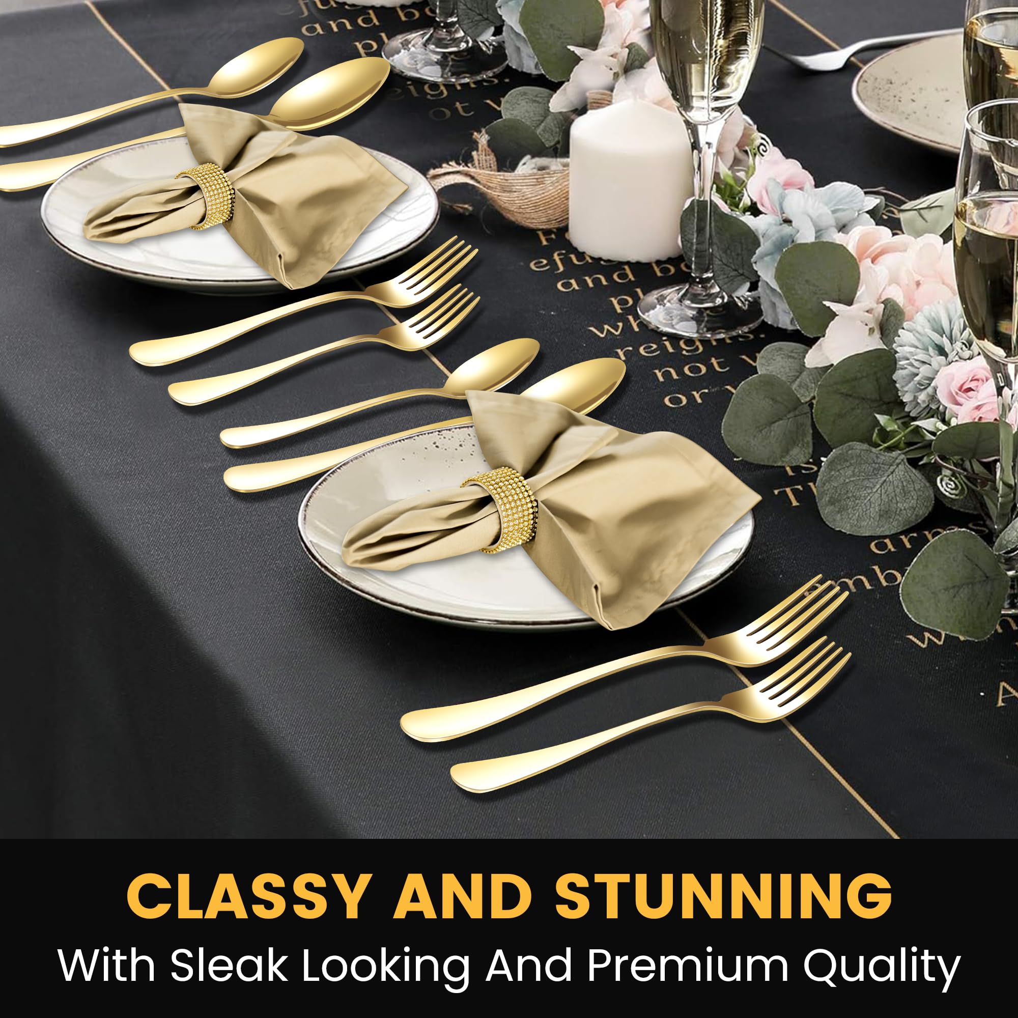 ELIMTEC gold flatware with metal straws adds stylish dining options.