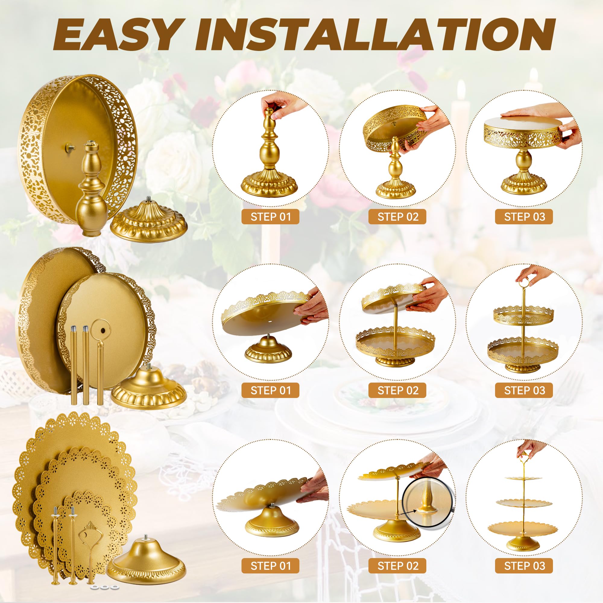 ELIMTEC gold lace-edge round cake stand adds classy elegance