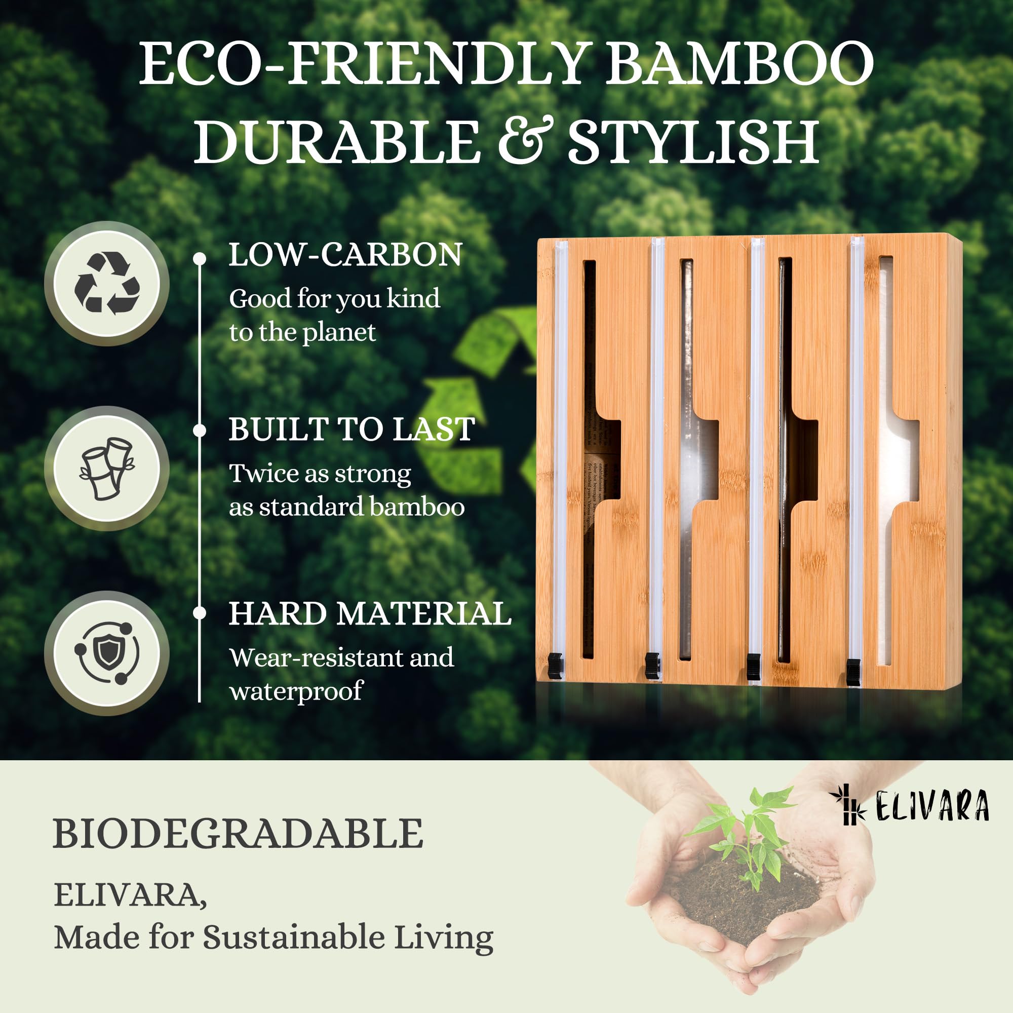 ELIVARA 4-in-1 bamboo wrap organizer features a precision built-in cutter