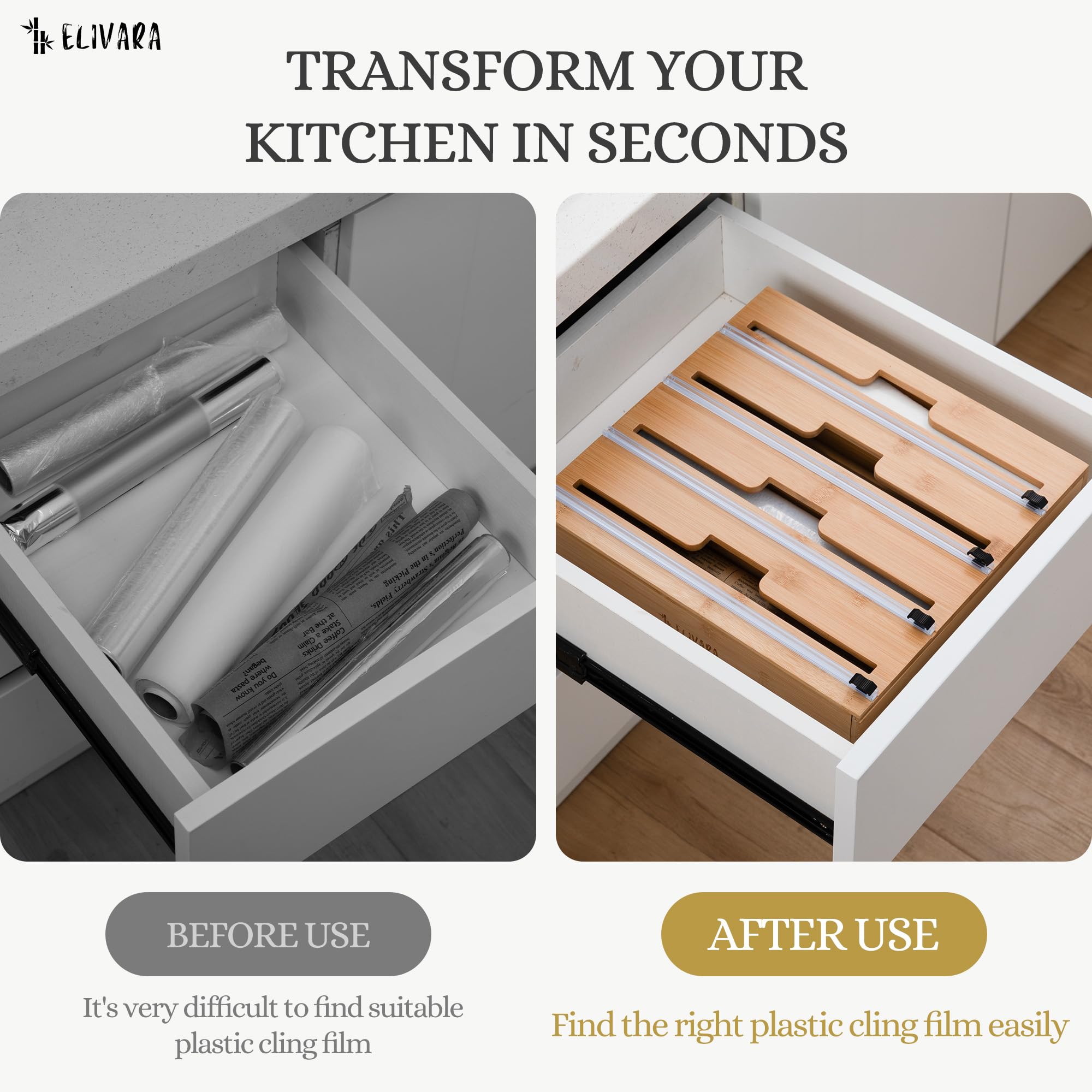 ELIVARA 4-in-1 bamboo wrap organizer keeps parchment paper tidy