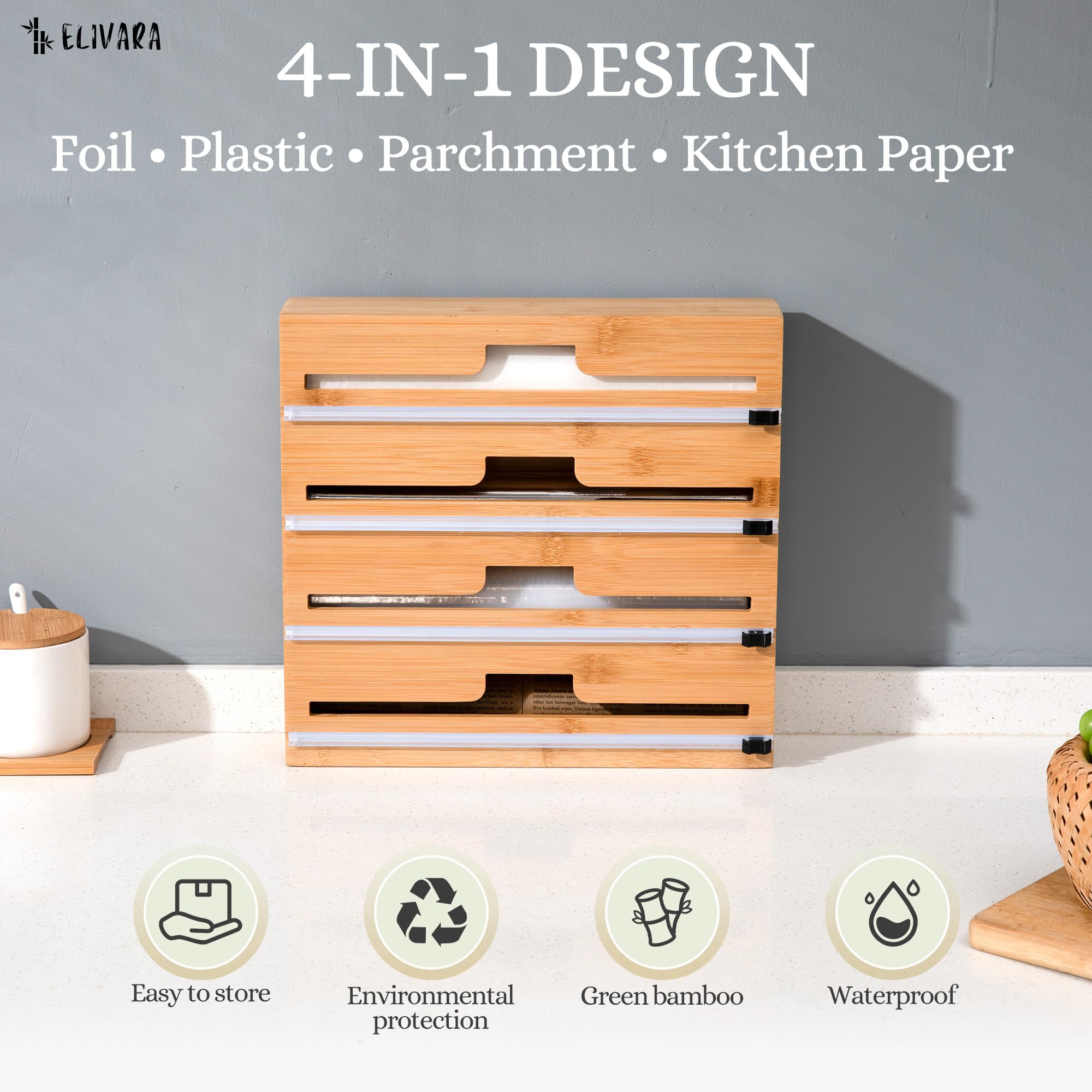 ELIVARA 4-in-1 bamboo wrap organizer holds plastic wrap with built-in cutter
