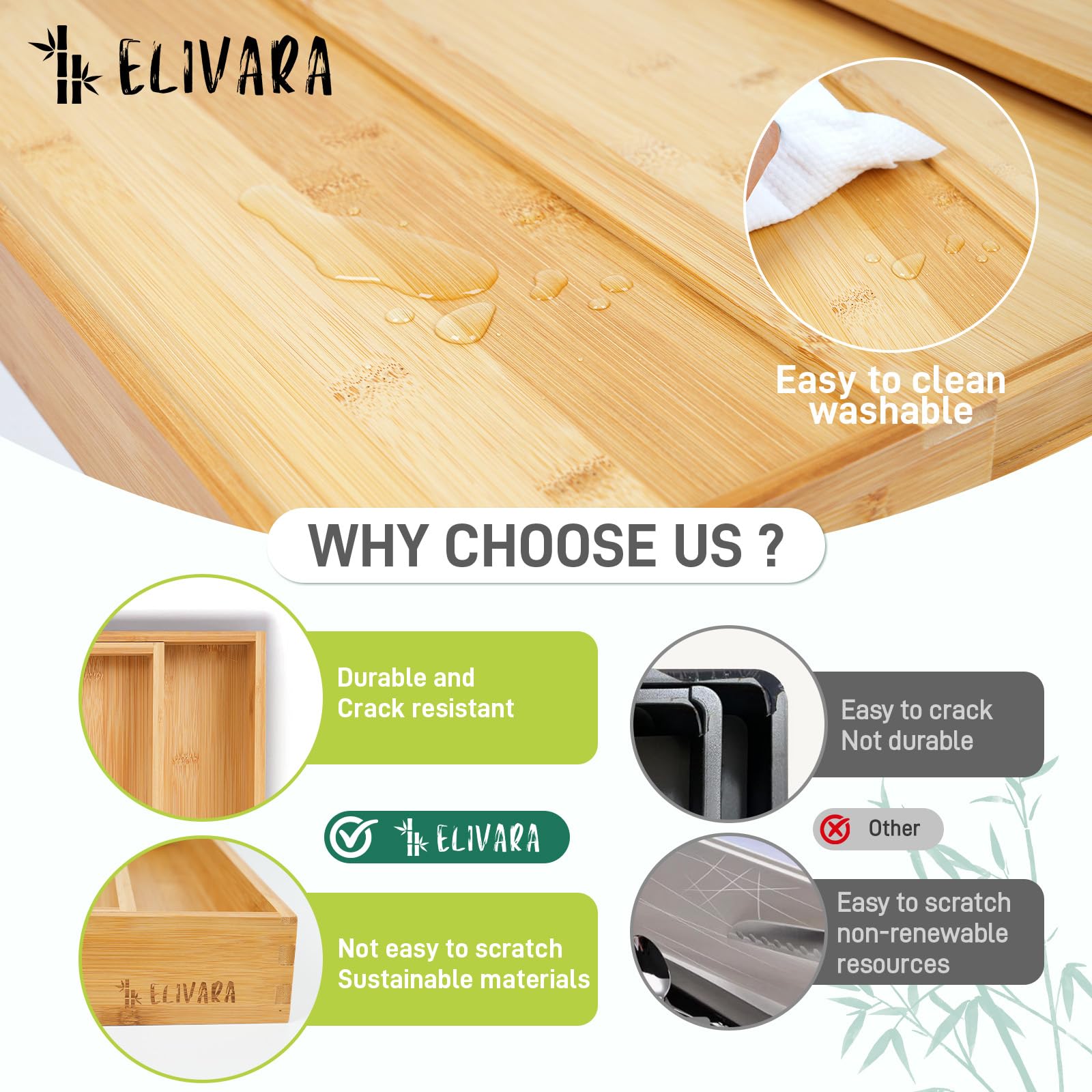 Elivara bamboo organizer shows multi-compartments for utensils, office, and bathroom.