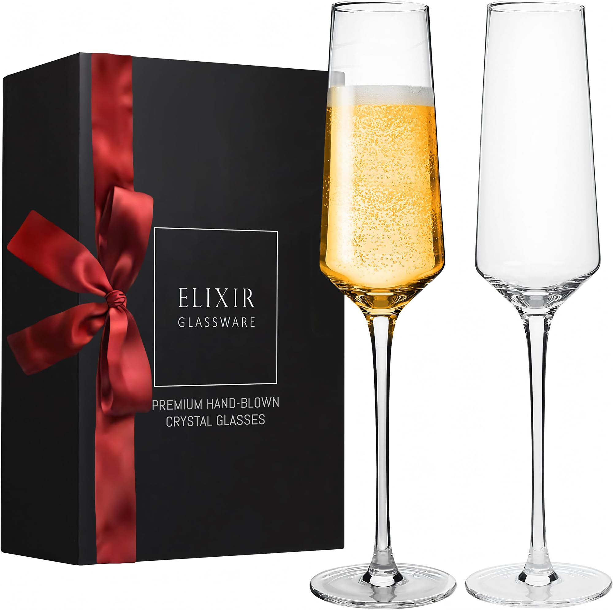 Elixir Glassware classy champagne flutes 8oz closeup highlighting crystal clarity for toasts