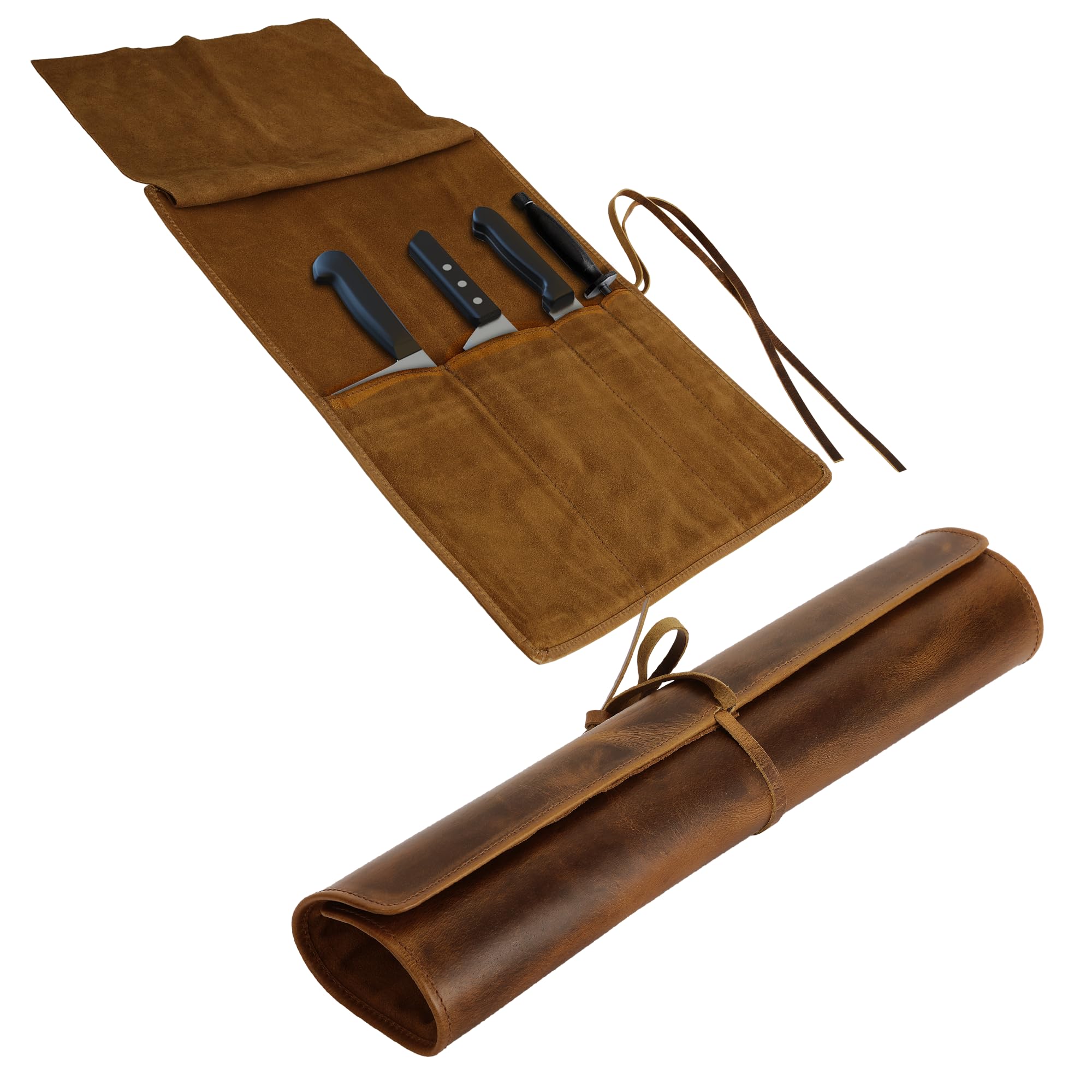 ELIZO leather knife roll closeup shows durable saddle-stitching for professional protection.