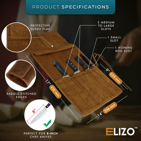 ELIZO knife roll four-slots layout keeps chef knives organized during travel.