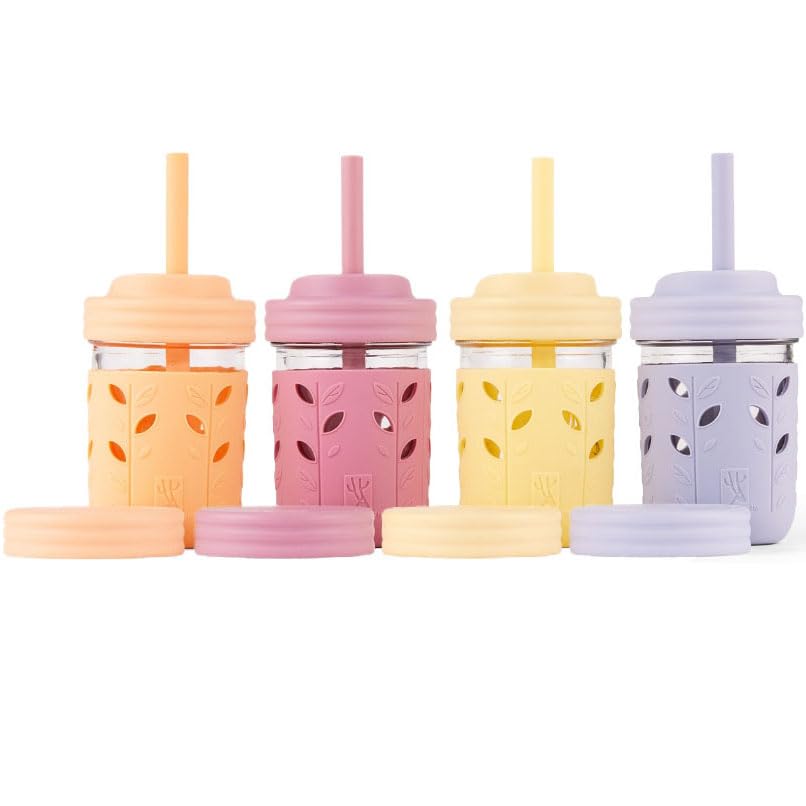 Elk and Friends 8oz glass mason jar with sleeve for kid-friendly grip and drop protection.