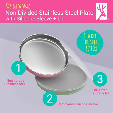 Elk and Friends non-divided stainless steel plate supports independent eating.
