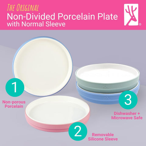 Elk and Friends porcelain plate highlights self-feeding design with easy grip.