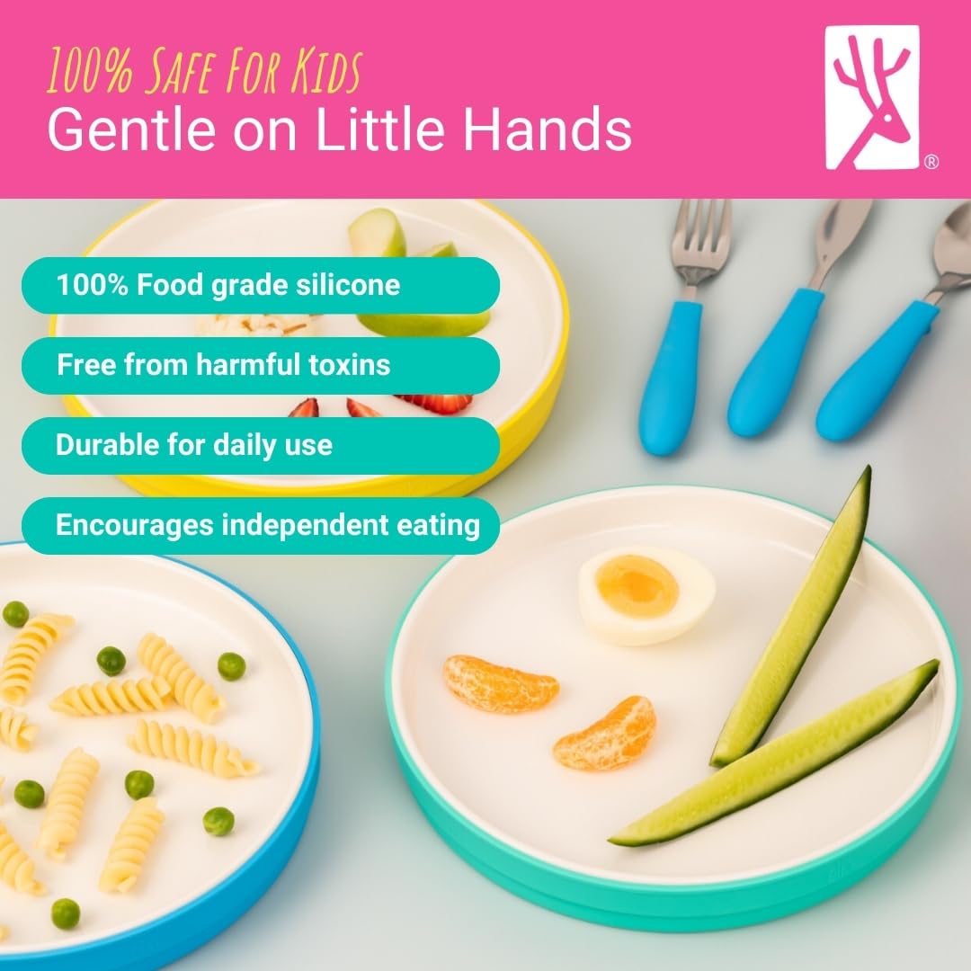 Elk and Friends porcelain plate with removable silicone sleeve for easy grip.
