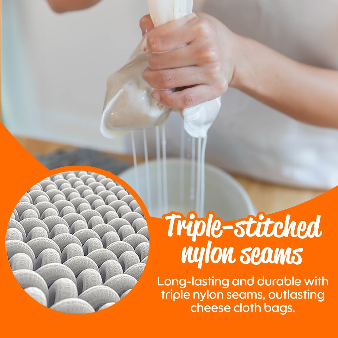 Ellie's Best Pro XL Nut Milk Bag has triple-stitched nylon seams for reliable daily use.