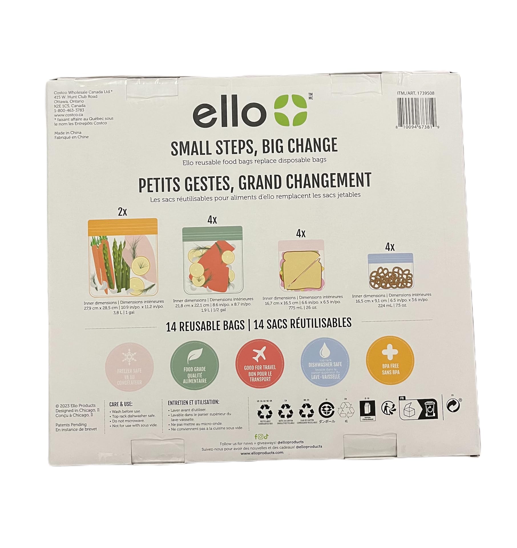 Ello bags in assorted sizes for snacks and sandwiches, dishwasher safe for easy cleaning.
