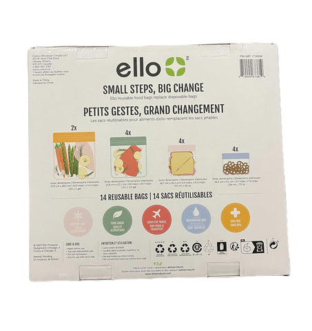 Ello bags in assorted sizes for snacks and sandwiches, dishwasher safe for easy cleaning.