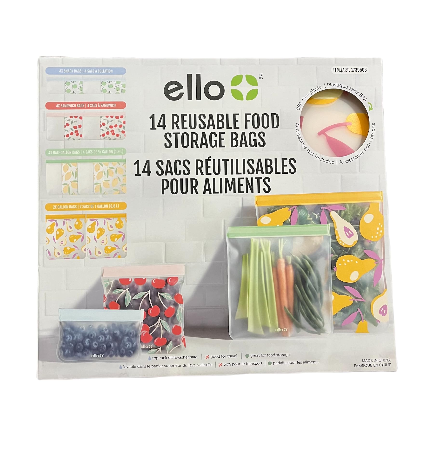 Ello 14-pack reusable produce bags with zipper closure, secure seal for fresh produce.