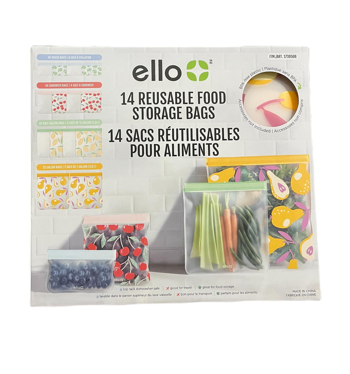 Ello 14-pack reusable produce bags with zipper closure, secure seal for fresh produce.