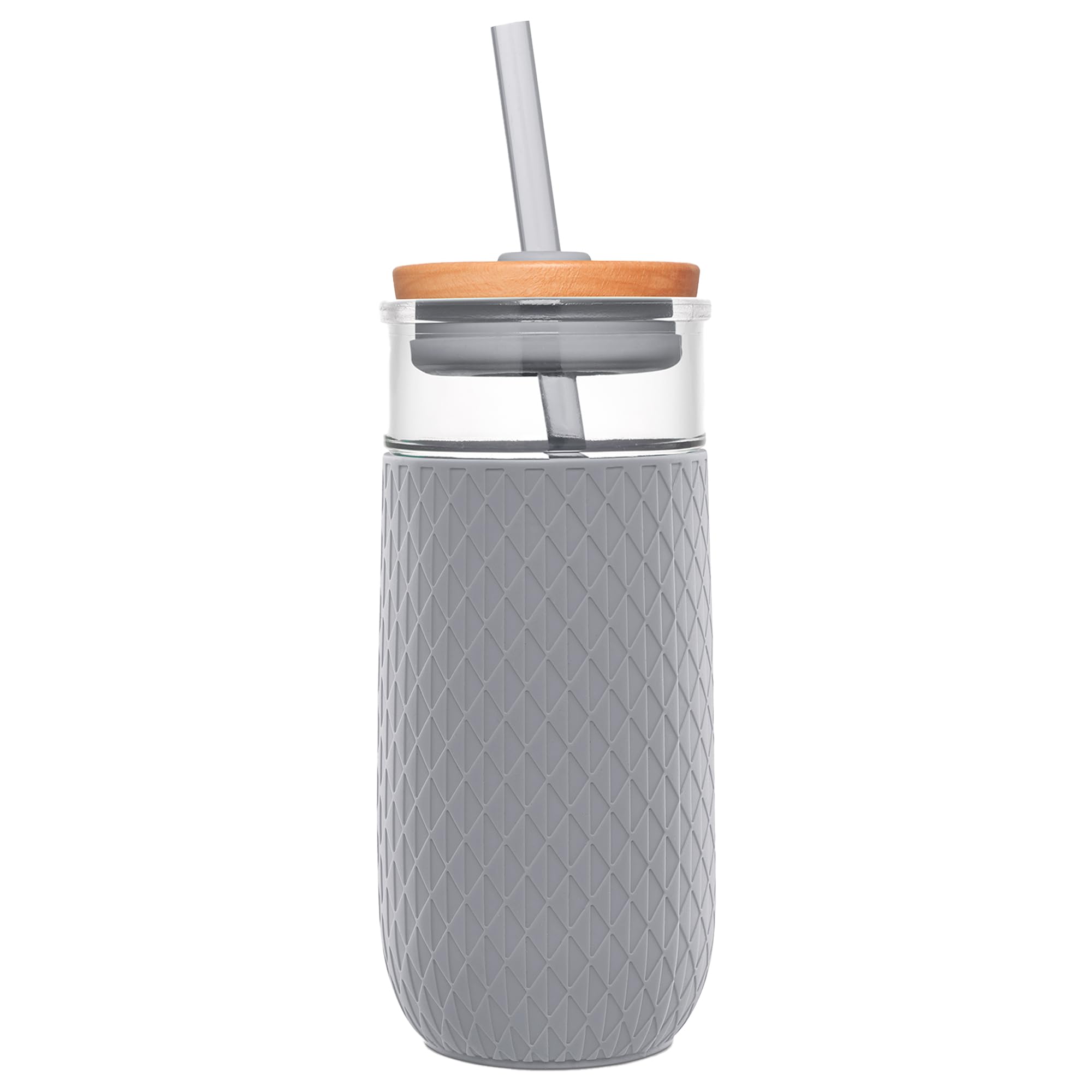 Ello Devon glass tumbler front view with built-in silicone sleeve for non-slip grip.