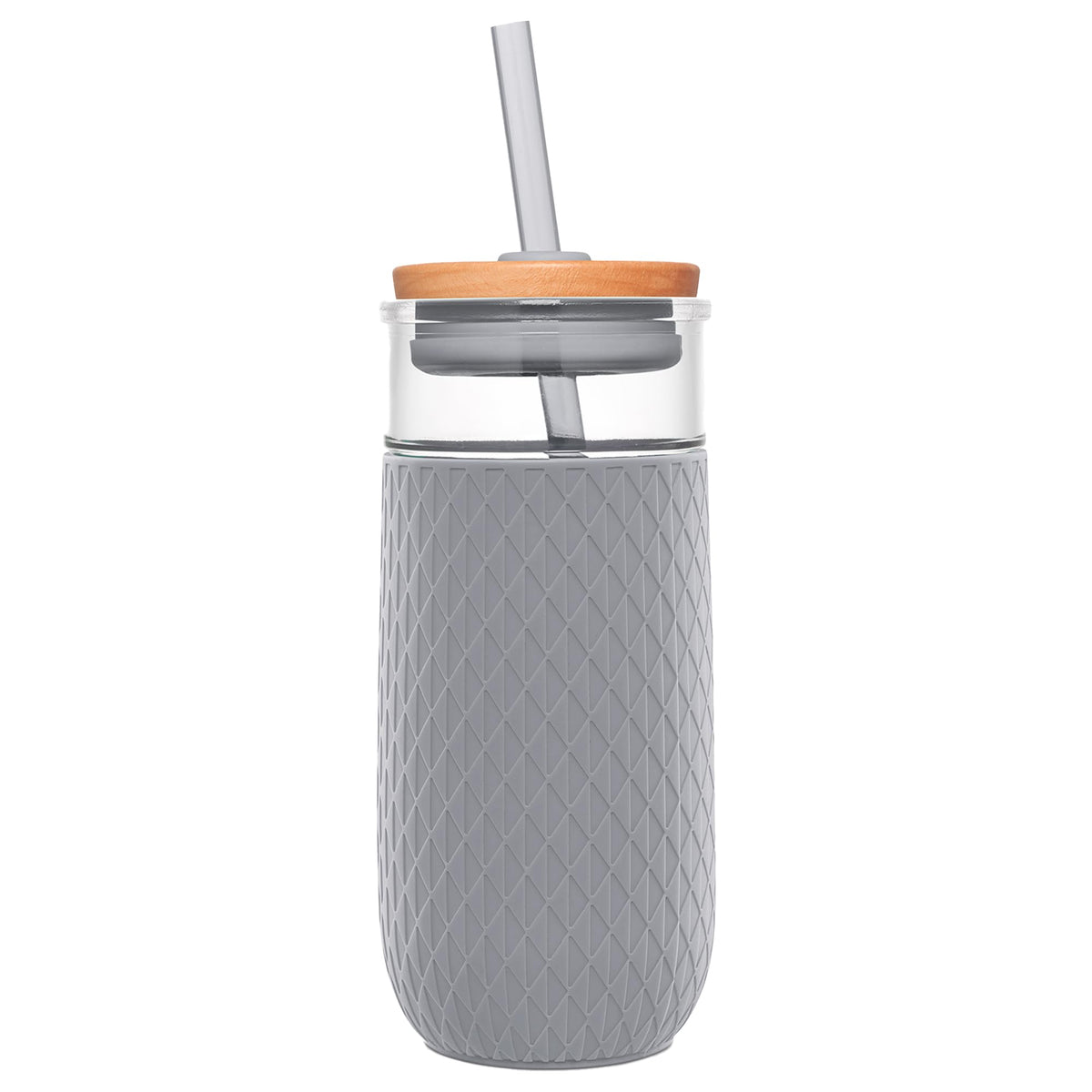 Ello Devon glass tumbler front view with built-in silicone sleeve for non-slip grip.