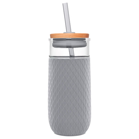Ello Devon glass tumbler front view with built-in silicone sleeve for non-slip grip.