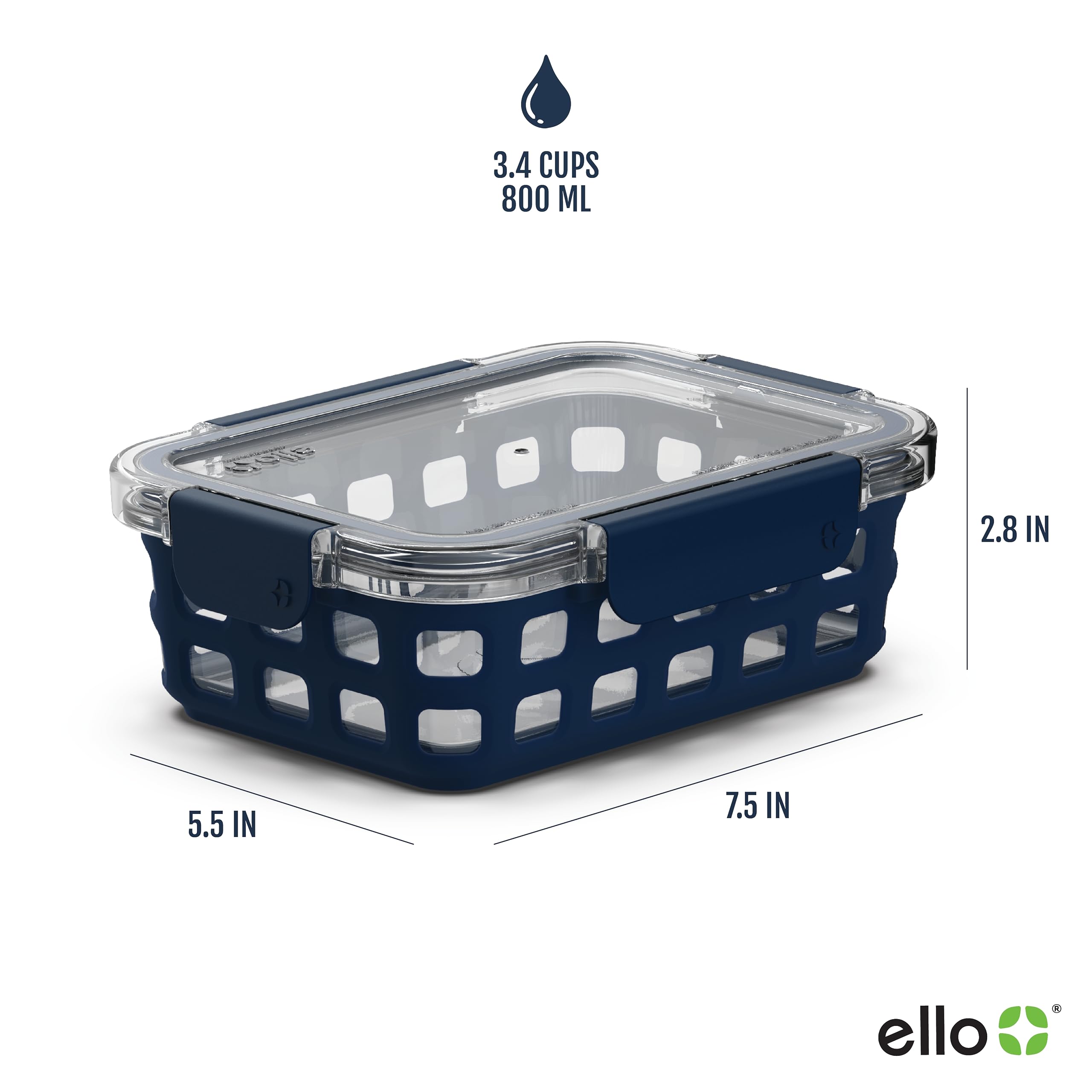 Crystal-clear, BPA-free lid on Ello Duraglass for quick content visibility.