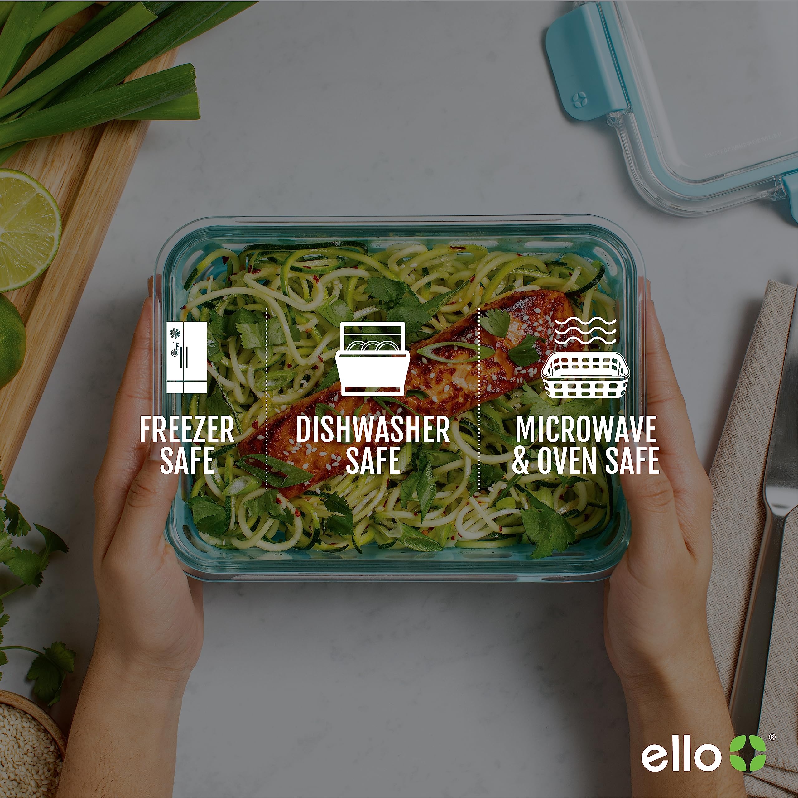 Leak-proof snap-on lid seals Ello Duraglass to prevent spills.