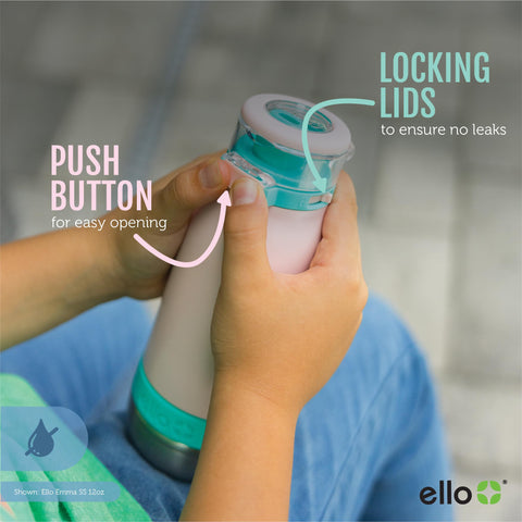 Ello Emma bottle shown fitting a car cup holder for on-the-go hydration