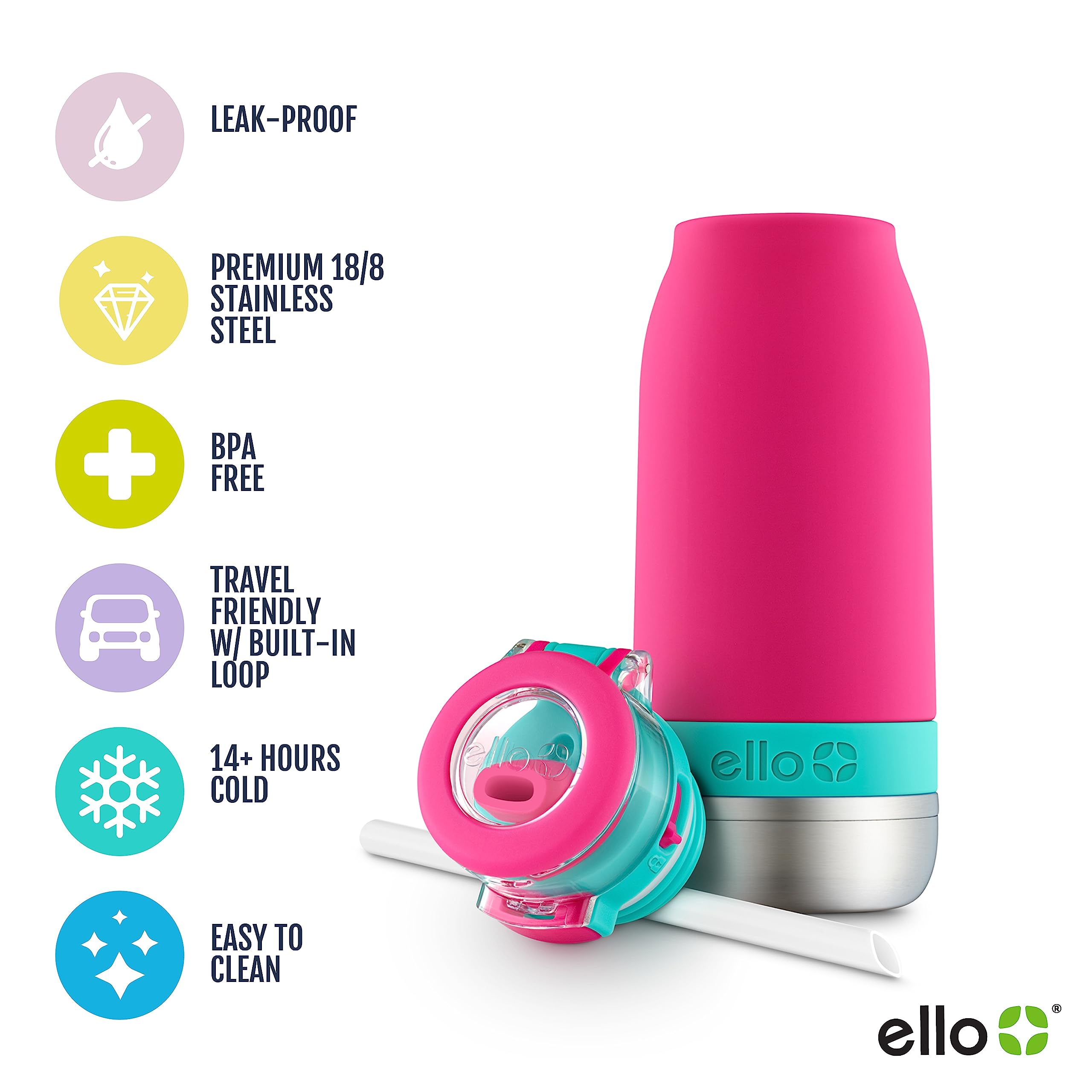 Ello Emma silicone straw provides spill control and easy sipping.