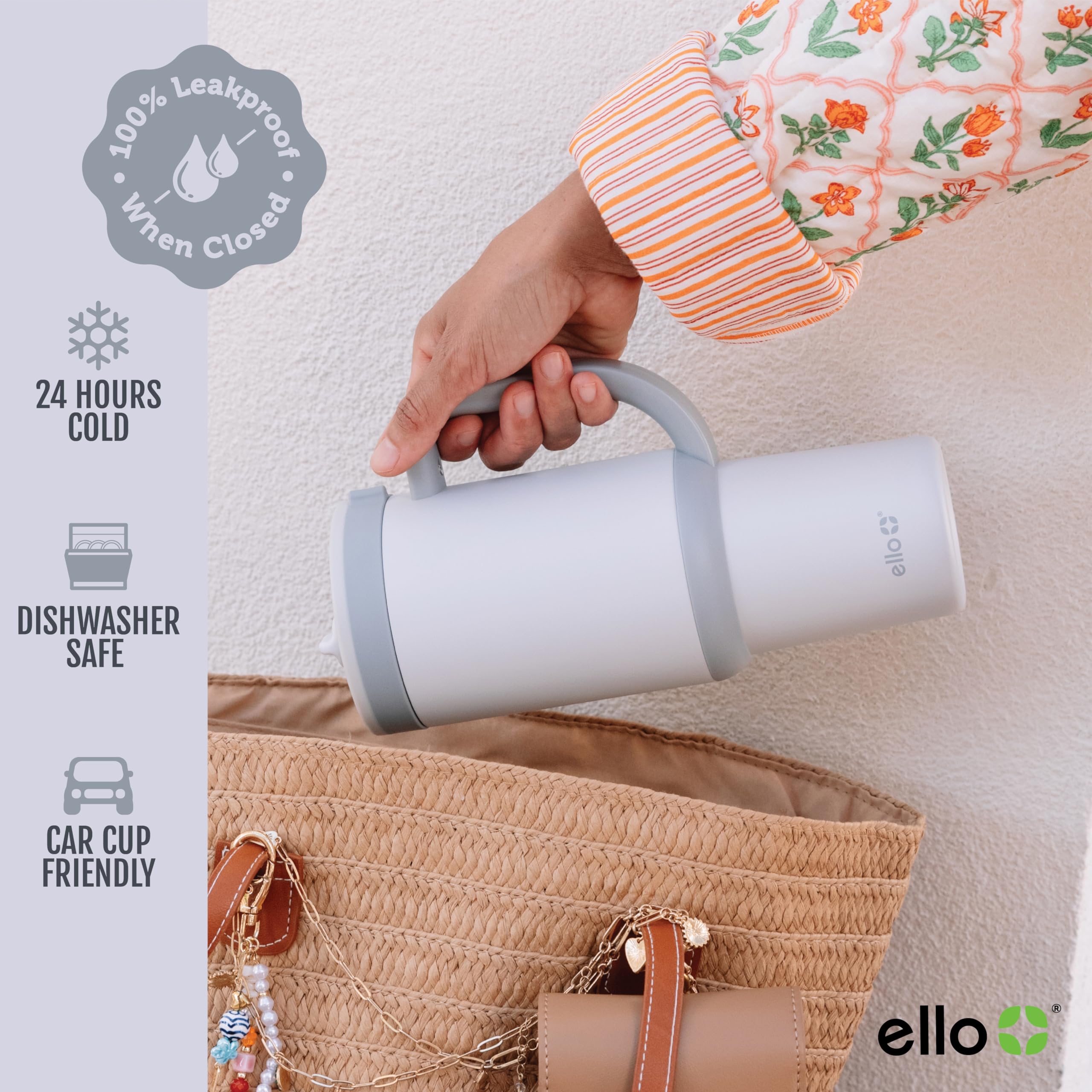 Ello Oasis keeps drinks cold for 24 hours during commutes and workouts.