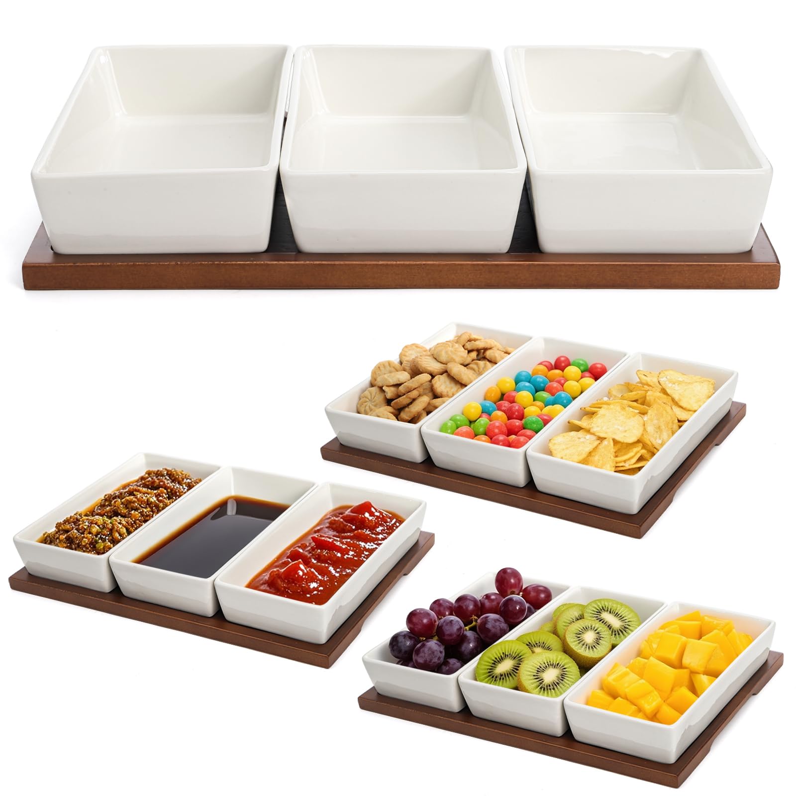 Elsjoy 3-section serving tray with wooden base for organized appetizers.