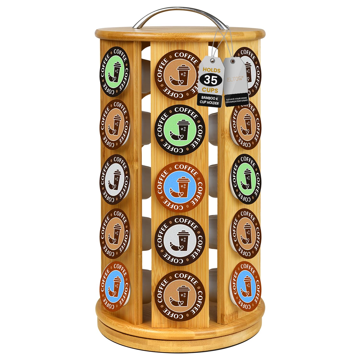 ELTOW bamboo K-Cup carousel stand keeps pods organized and accessible.