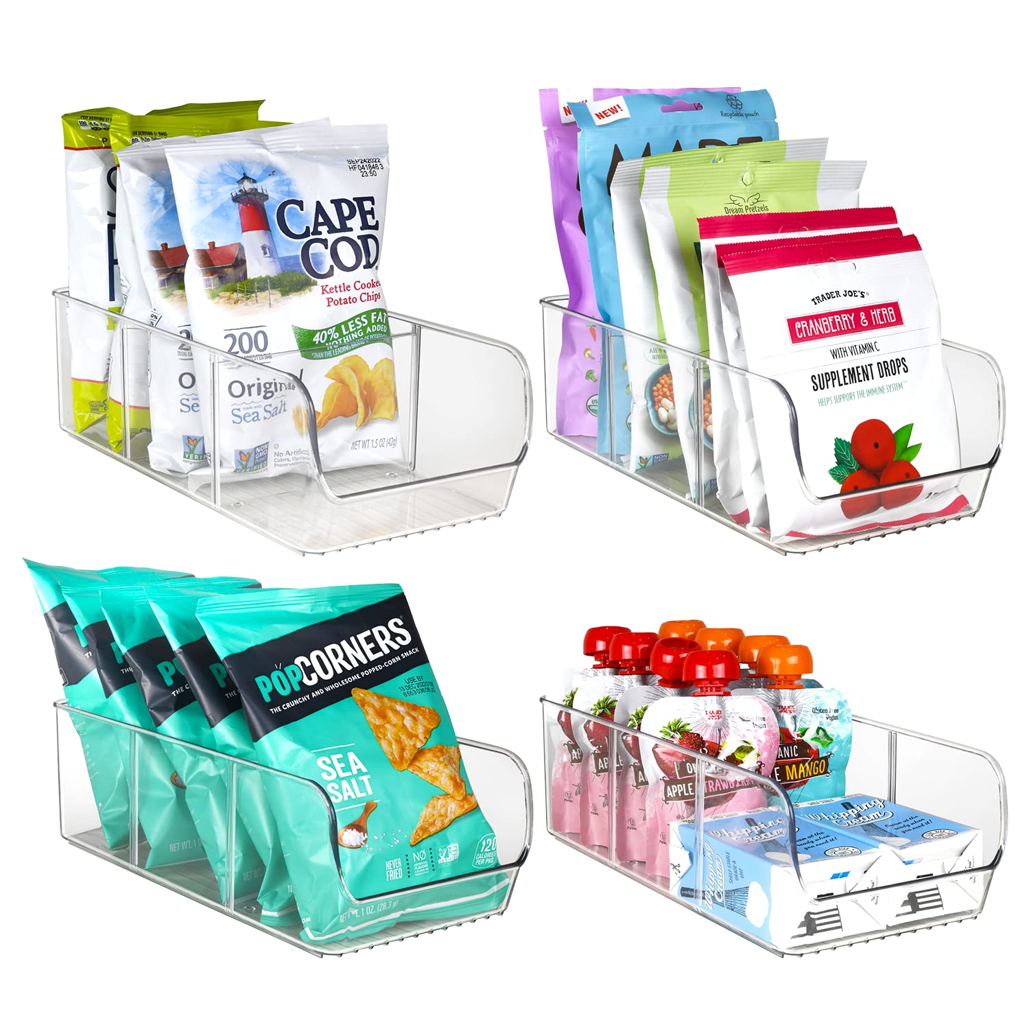 ELTOW snack organizer open front design for easy access to snacks.