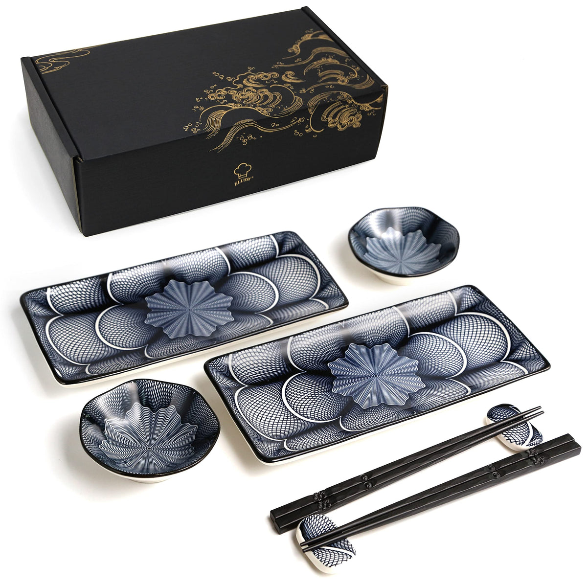ELUSH 8-piece sushi set on two plates for elegant home dining.