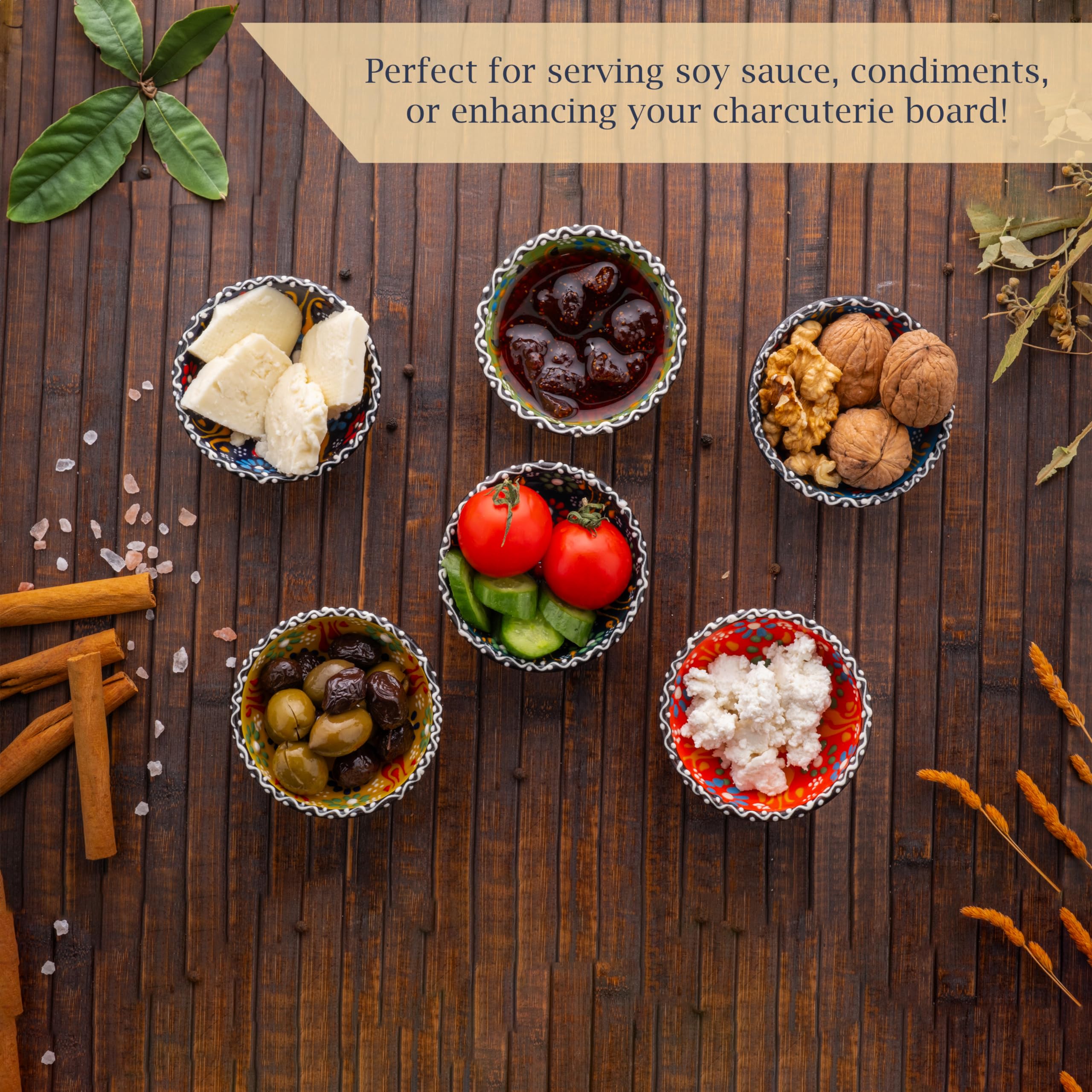Elyese colorful pinch bowls add a playful accent to charcuterie boards
