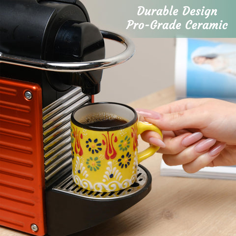 Elyese Sultan's Garden demitasse cups microwave safe for quick reheats.