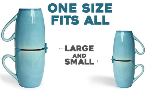 ELYPRO Mug Stackers blue cabinet storage demonstrates adjustable grip for mugs.