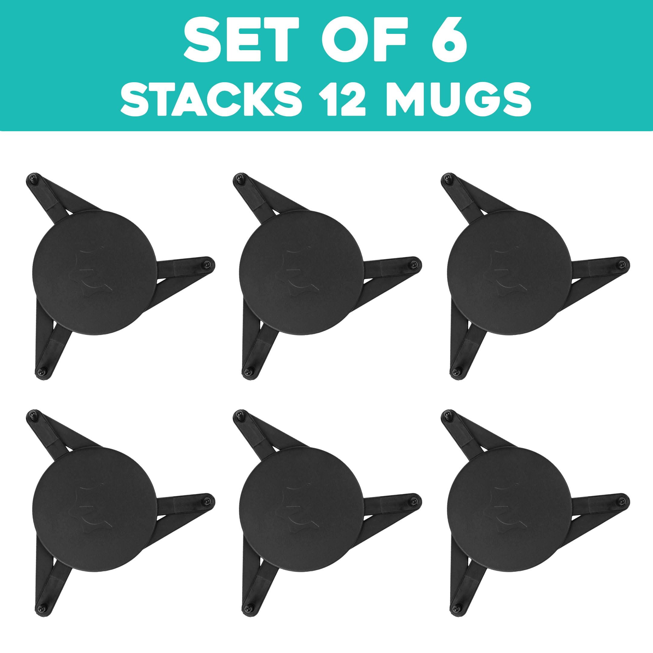 ELYPRO six-pack mug stackers organize up to twelve mugs efficiently.