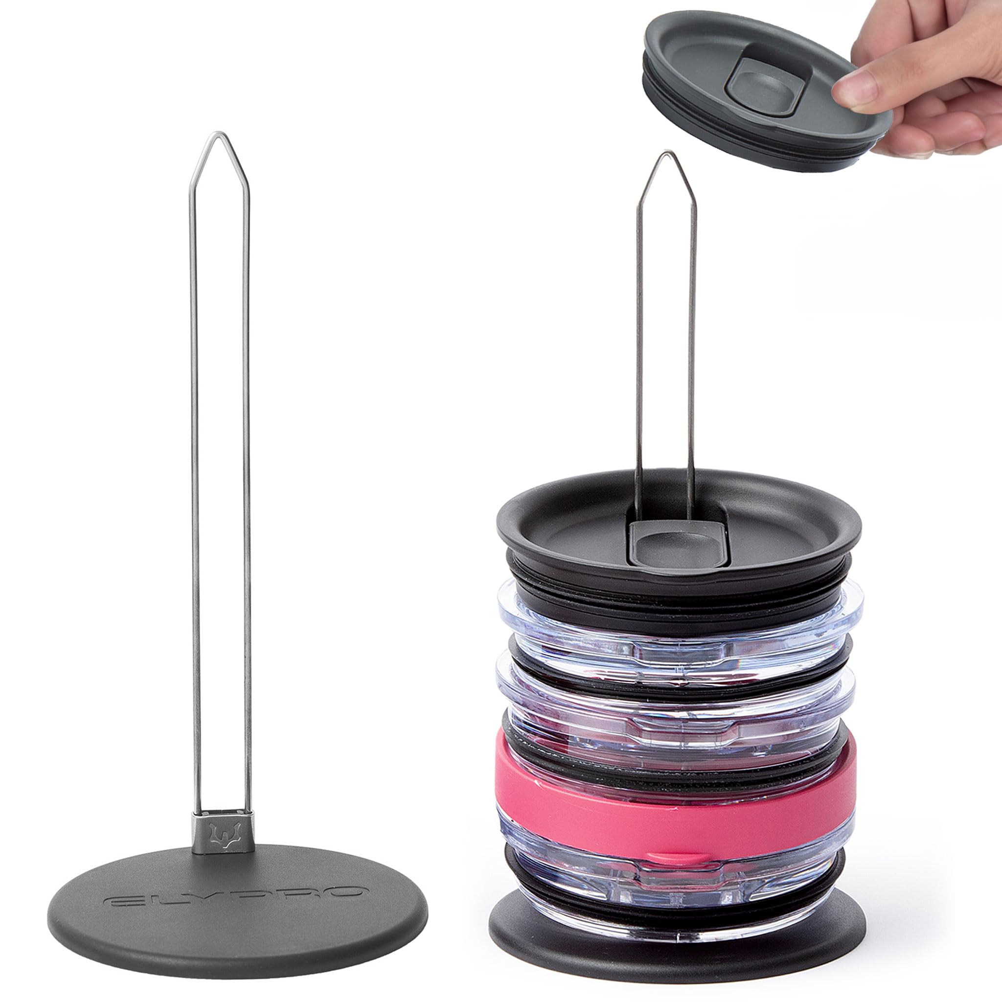 ELYPRO lid organizer on counter keeps Stanley and Yeti lids neatly visible.