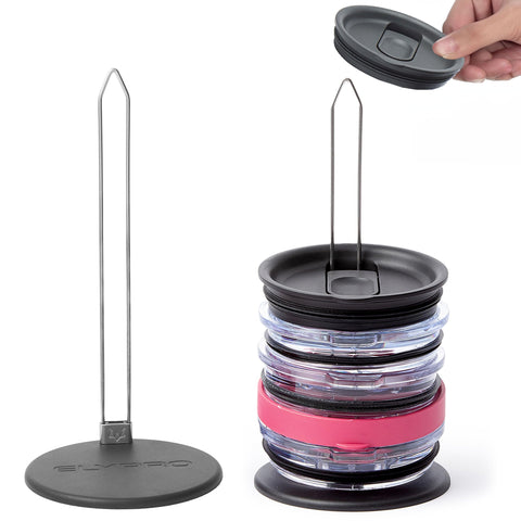 ELYPRO lid organizer on counter keeps Stanley and Yeti lids neatly visible.