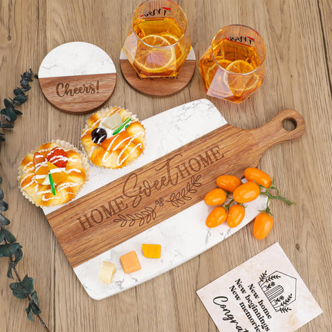 Elysirise coasters pair, wood and marble accents protect surfaces with style.