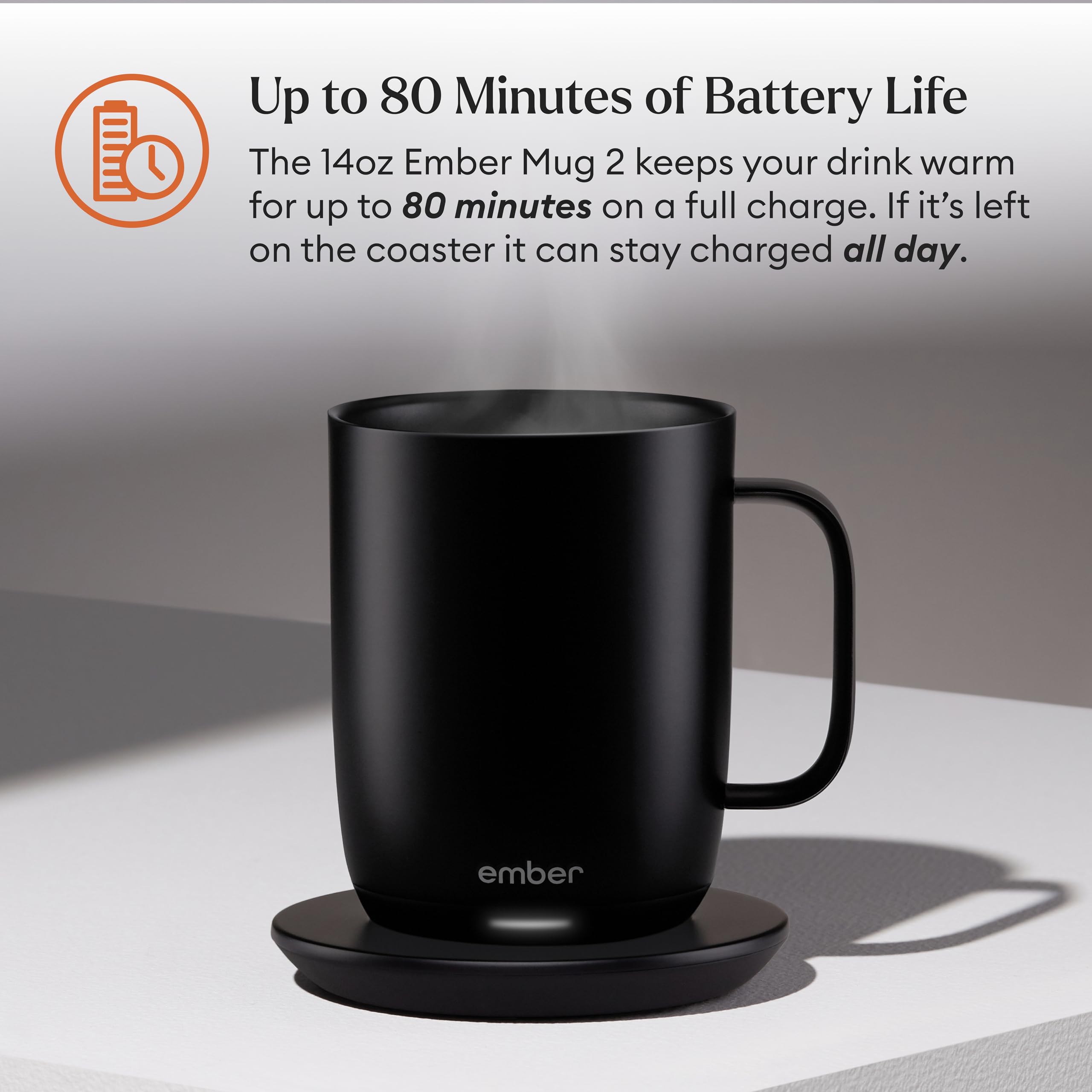 Ember Mug 2 80 minute heat keeps drinks at ideal temperature for longer sessions