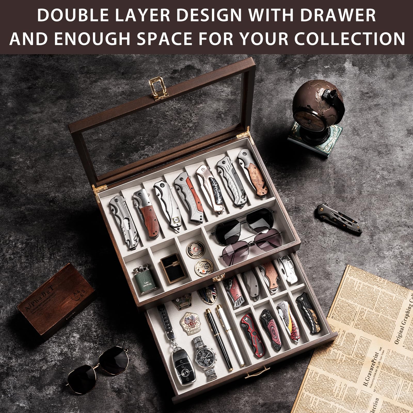 Emfogo display case shown on a dresser demonstrates stylish home organization