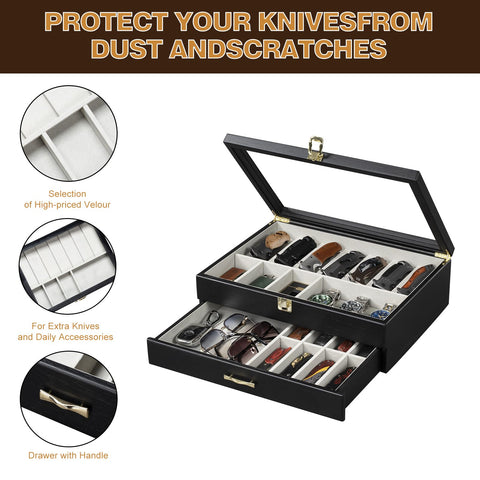 Emfogo lower drawer stores eight folding knives with a small-item compartment.
