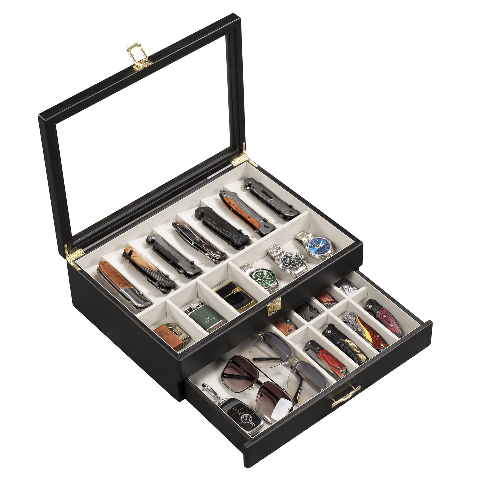 Emfogo pocket knife display case top view showcases a curated collection clearly.