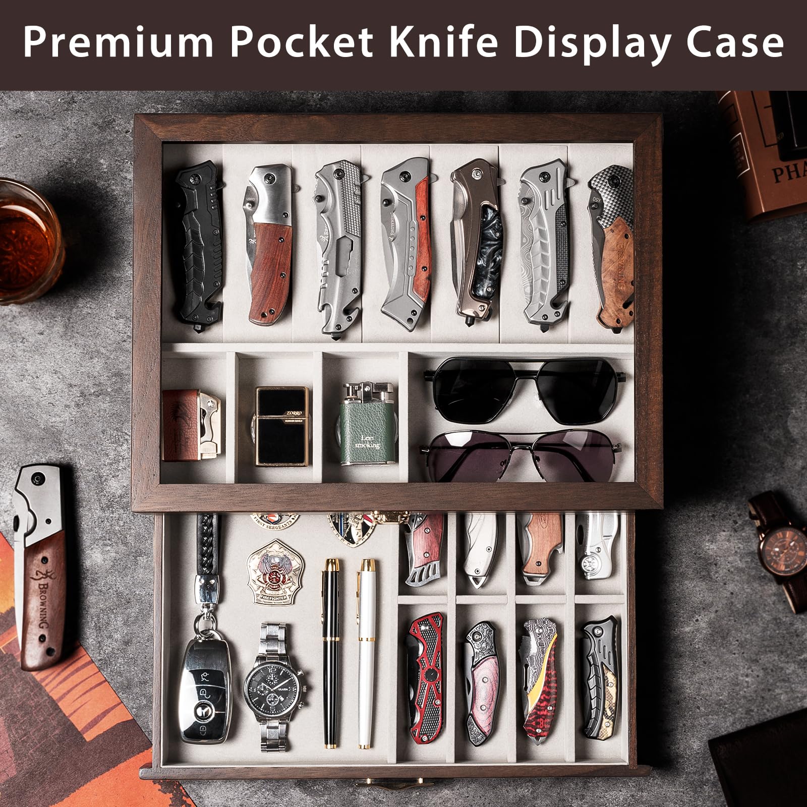 Emfogo two-tier storage opens to reveal organized shelves for folding knives