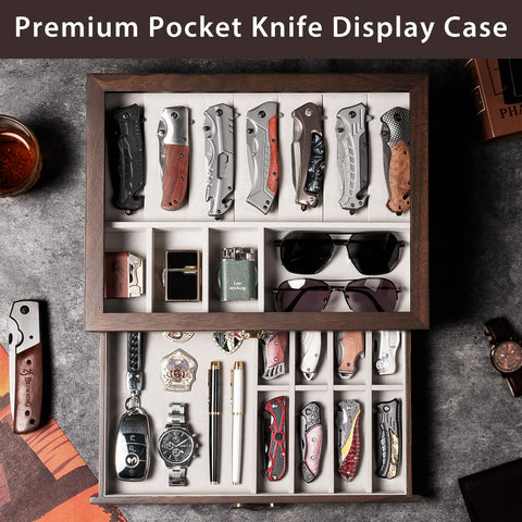 Emfogo two-tier storage opens to reveal organized shelves for folding knives